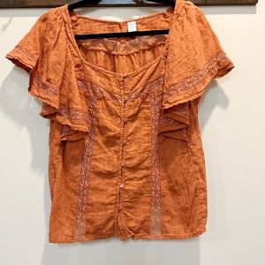 Old Navy Oversized Clip Dot Crochet Lace Button Front Blouse – Rust Orange